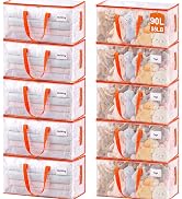 KYODOLED Clear Moving Bags with Orange Handles, 10-Pack Heavy Duty Storage Totes for Clothes & Be...