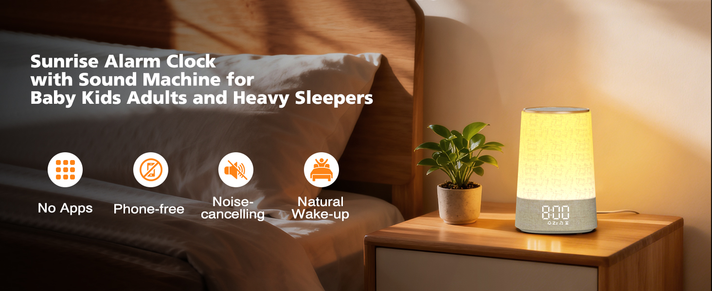 Text reads 'Sunrise Alarm Clock with Sound Machine for Baby Kids Adults and Heavy Sleepers'. Image shows bedside lamp with warm yellow glow and four circular icons below.