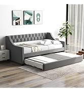 Giantex Upholstered Twin Daybed with Trundle, Modern Trundle Bed with Button Tufted Backrest and ...