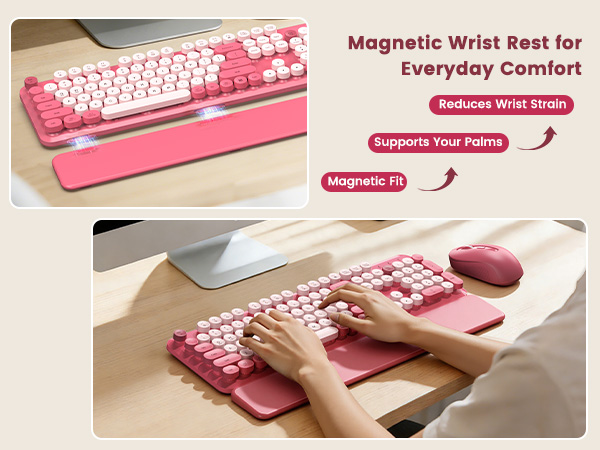 Pink retro keyboard and mouse with magnetic wrist rest for comfortable everyday typing.