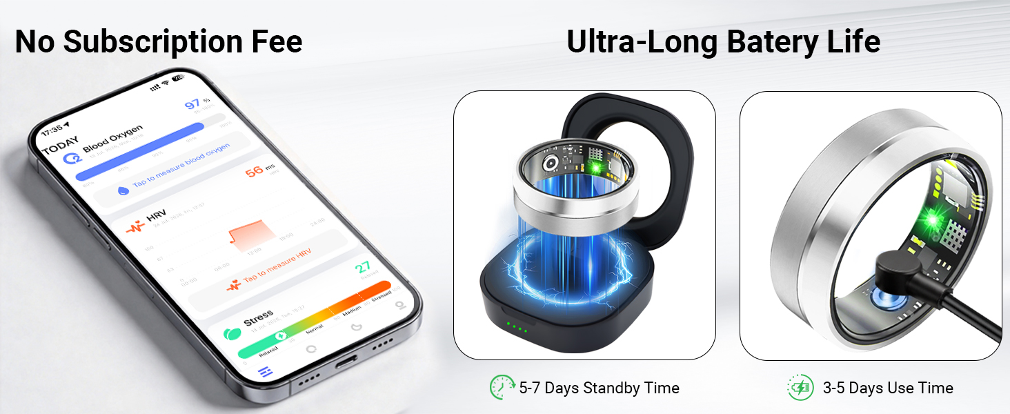 Smart ring with no subscription fees, iOS & Android compatibility, and long battery life.