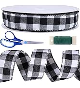 50 Yards Black and White Buffalo Check Plaid Wired Ribbon 1.5" Wide Gingham Ribbon for Rustic Chr...
