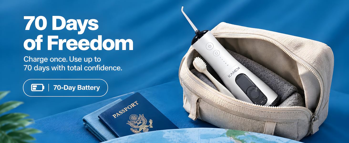 A white KAMEX travel water flosser inside a cosmetic bag featuring a 70-day battery life.