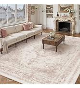 PureCozy Washable Rug 9x12 Area Rug for Living Room Pink Vintage Boho Medallion Large Distressed ...