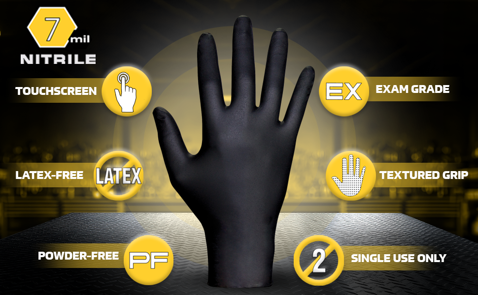 Black 7 mil nitrile exam glove with textured grip, latex and powder free.