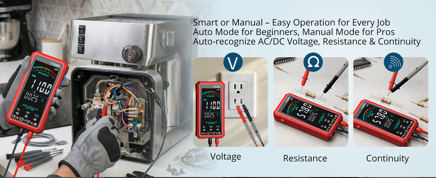 Text reads 'Smart Live Meters - Easy Identification for Every Job' with multimeter and electrical testing tools displayed. Labels show 'Voltage,' 'Resistance,' 'Continuity' features.