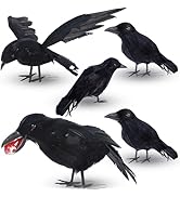 DR.DUDU 5 Pack Halloween Crows Decor, Realistic Black Feather Ravens with Eyeball & Flying Pose, ...