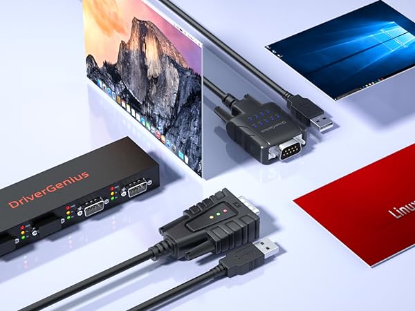 Various computer display adapters and cables, including VGA, HDMI, and DisplayPort connectors, shown with laptop screens displaying different wallpapers.