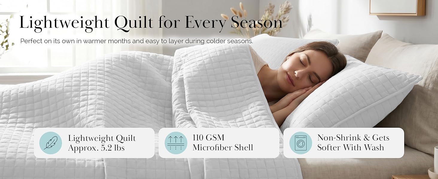 Queen bedspread quilt set in white with breathable microfiber and layered styling
