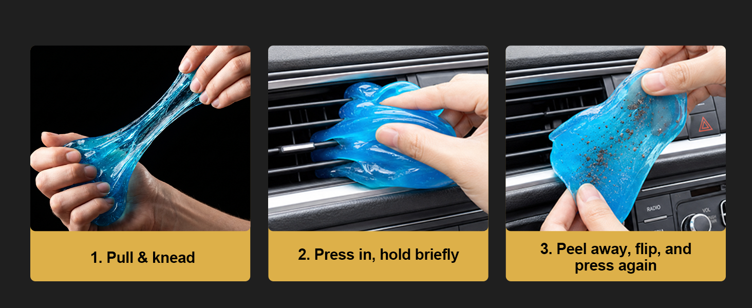 Step-by-step guide showing how to knead, press, and peel car cleaning putty to lift dirt