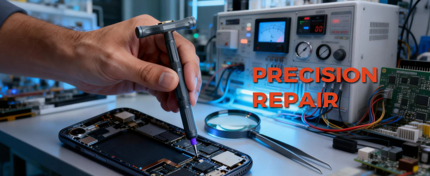 Text reads 'PRECISION REPAIR'. Technical repair scenes showing hands working on electronic devices with specialized tools and blue lighting.