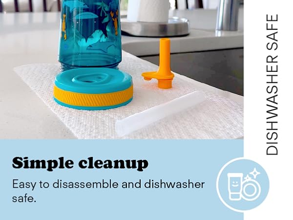 Photo of disassembled Kelso tumbler with text calling out easy-clean dishwasher safe feature