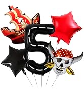 40 Inch 5 Balloon Number, Pirate Balloons, Red and Black Balloons, Star Foil Balloon Number 5 Bal...
