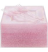 DaYammi 100 Pcs Pink Dessert Plates 6" with Plastic Forks 5.7" for 50 Guests,Glitter Square Desse...