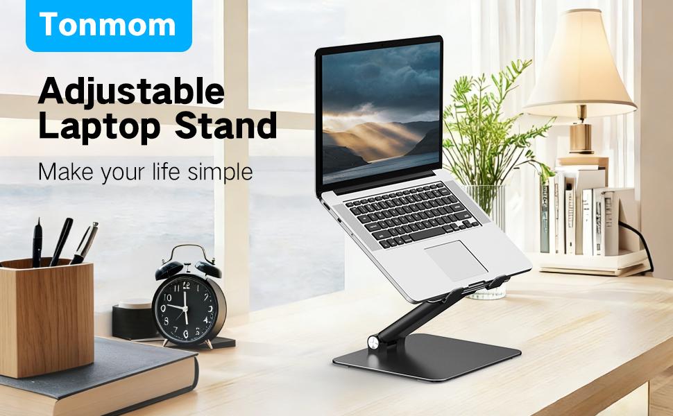 Text reads 'make your life simple'. Series of desk workspace images showing laptop, keyboard, and office accessories organized on a clean modern desk surface.
