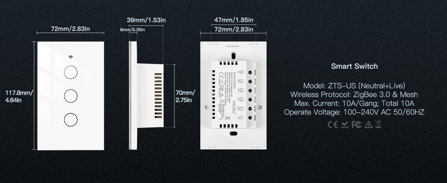 zigbee switch 3 gang white