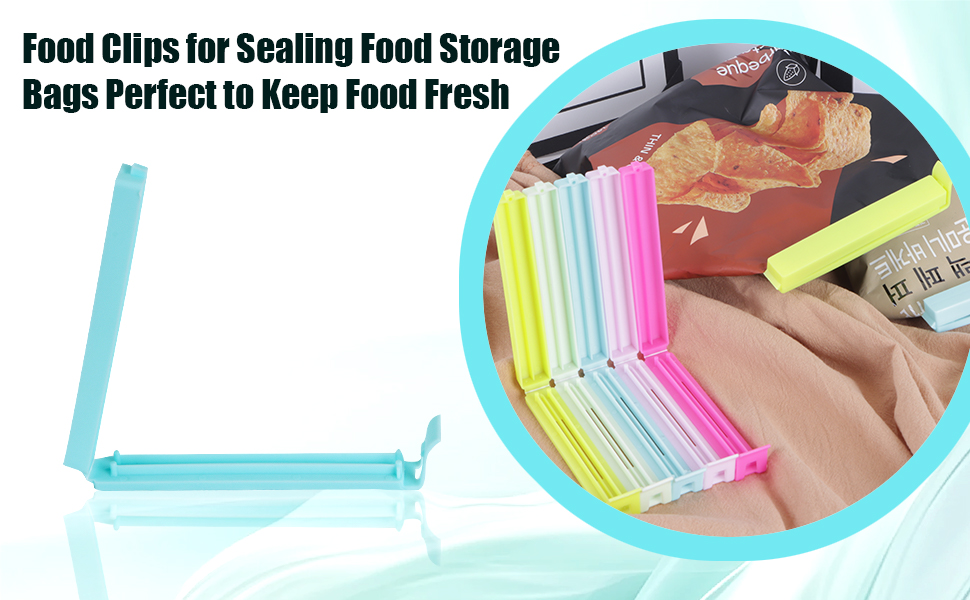 Colorful plastic food storage bag sealing clips shown in various pastel colors. L-shaped design demonstrated sealing food bags to maintain freshness.