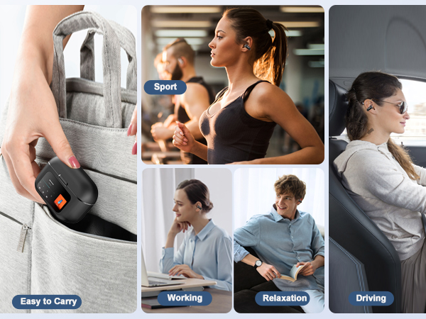 Composite image showcasing a small black device with orange accents in various usage scenarios