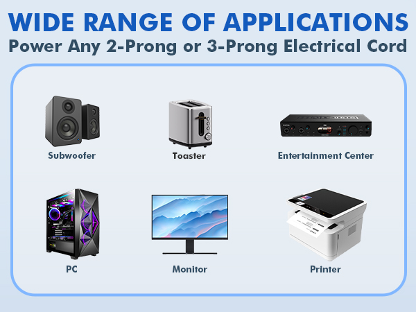Wide Range of Applications Power Any 2-Prong or 3-Prong Electrical Cord