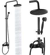 Matte Black Exposed Pipe Shower System 8 Inch Rainfall Shower Head Brass Fixture Combo Set Single...