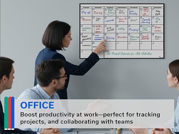 OfficeAid dry erase wall calendar used in an office for team planning and project tracking