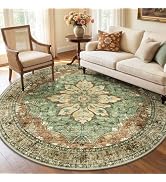 RELEANY Area Rugs Round 6ft Washable Non-Slip, Floral Vintage Distress Print Pattern Medallion Ca...