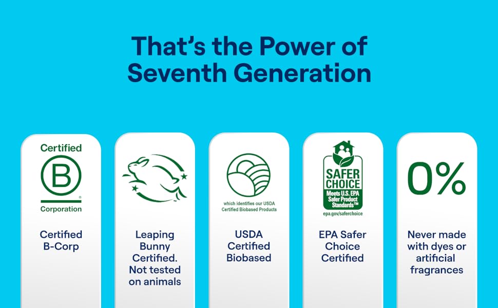 Seventh Generation Certified B Corp, Leaping Bunny, USDA Biobased, EPA Safer Choice.