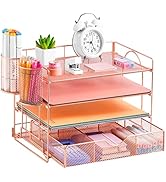 Lavatino Rose Gold Desk Organizers with Drawer, 4-Trays Desktop File Organizer with Pen Holder, P...