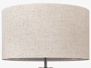Modern drum-style lamp shade in beige linen texture, mounted on a metal stand, photographed against white background.