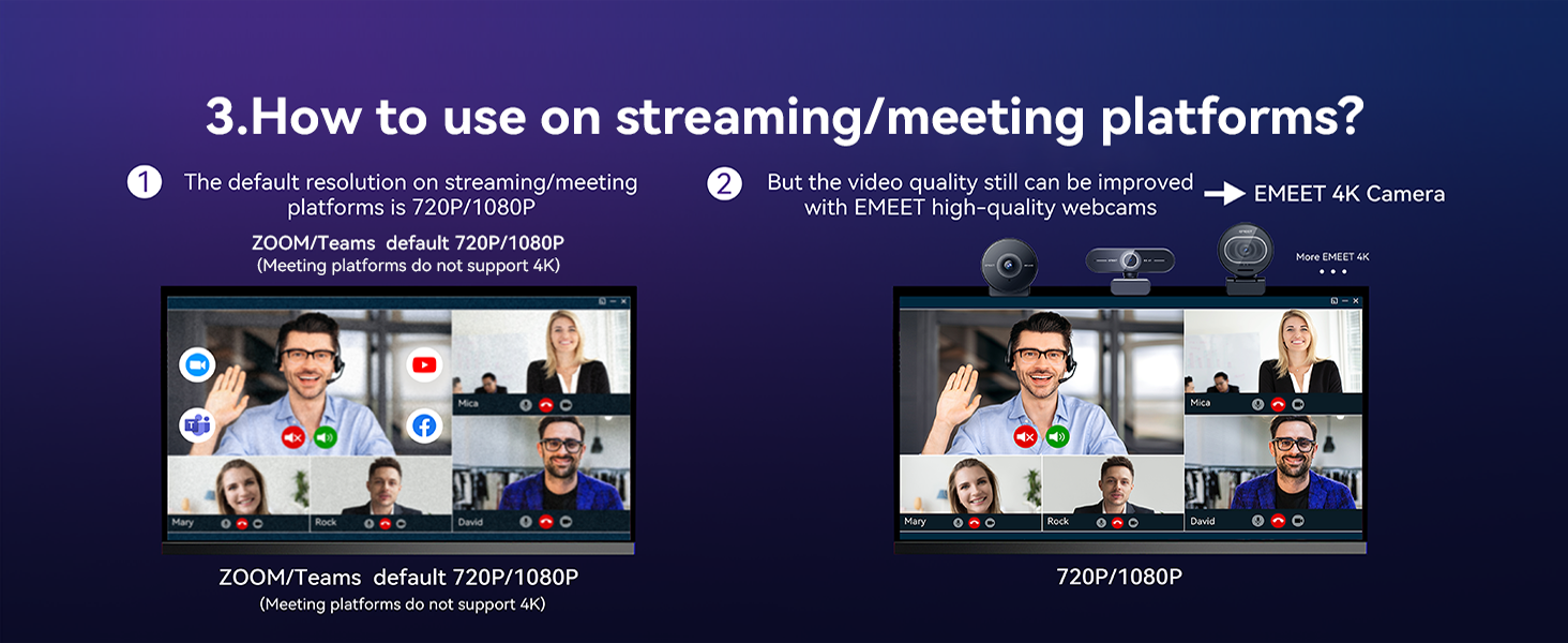 Comparison of video quality on streaming platforms. Left image shows lower quality 720p/1080p, right image shows higher quality 720p/1080p with clearer, sharper video conference participants.