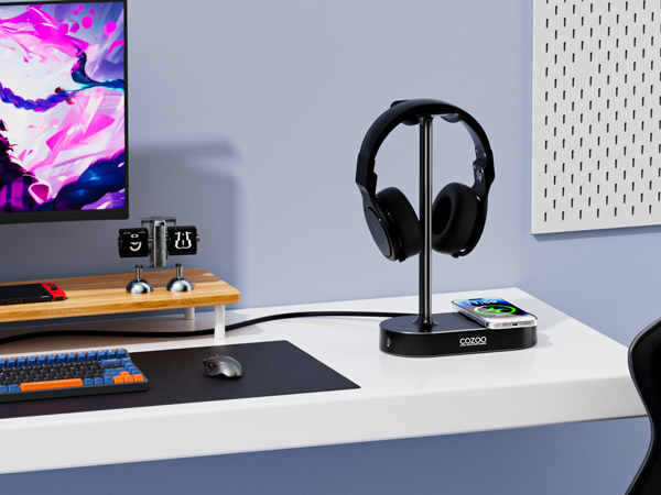 Headphone Stand with Wireless Charging Pad and 3 USB Charging