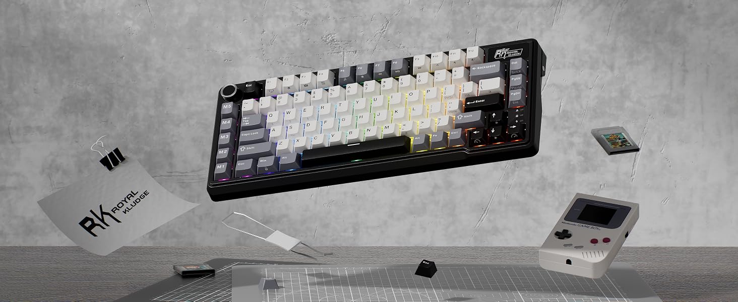 Mechanical keyboard with white and gray keycaps, floating in air with some keys detached. Dark background suggests promotional product shot.