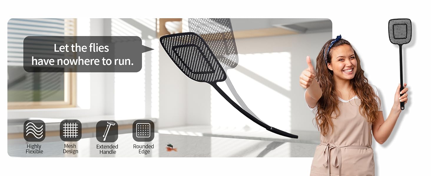MR.SIGA Heavy Duty Long Handle Fly Swatter, Black, 6 Pack