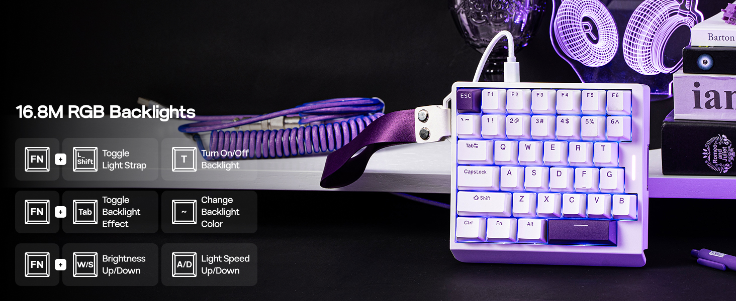 Text reads '16.8M RGB Backlight'. Gaming keyboard with purple LED backlighting shown from multiple angles, highlighting illuminated keys against dark background.