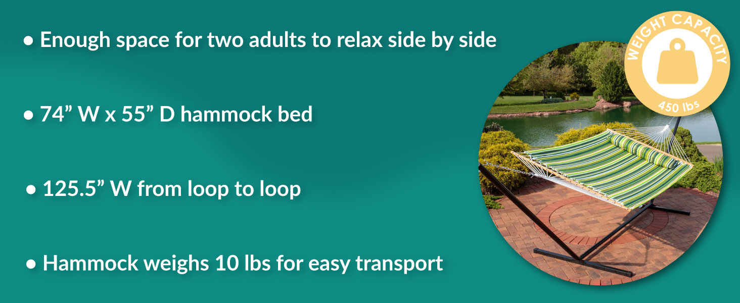 enough space for two adults weight capacity of 450 pounds weighs 10 pounds for easy transport