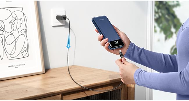 Person using smartphone connected to small blue device plugged into wall outlet. Minimalist artwork and plant visible on desk.
