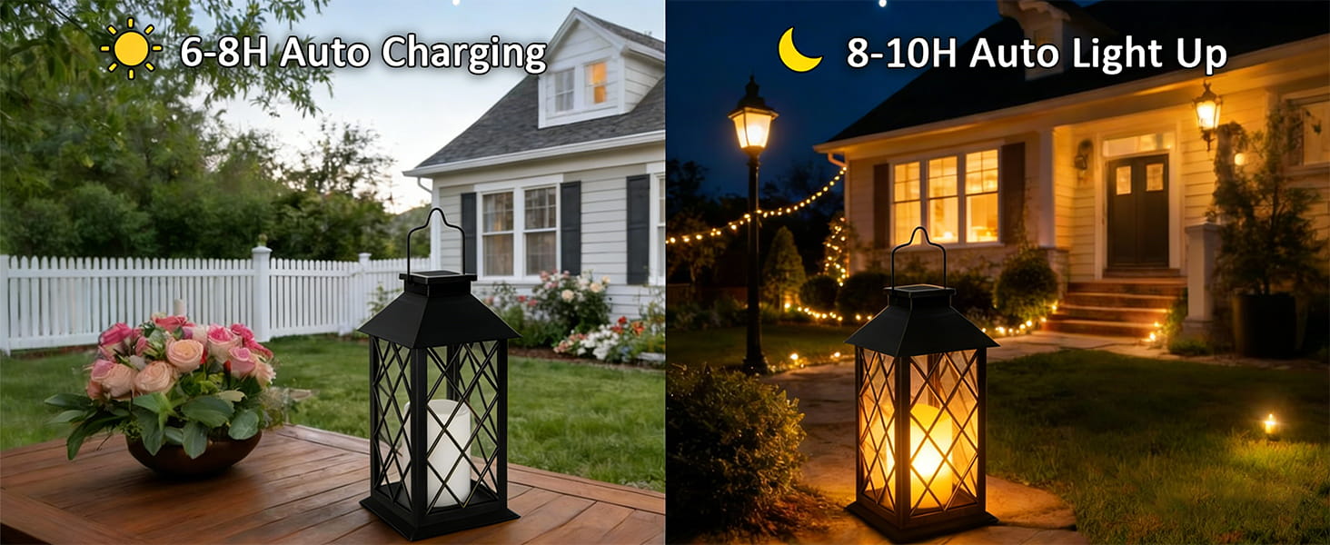 Text reads '8.DIY Auto Light Up'. Series of exterior house shots at dusk/night showing outdoor lighting and landscaping.