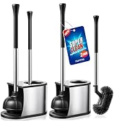 HAMITOR Toilet Plunger and Brush Set: 2 in 1 Stainless Steel Bowl Brush with Holder, Deep-Cleanin...