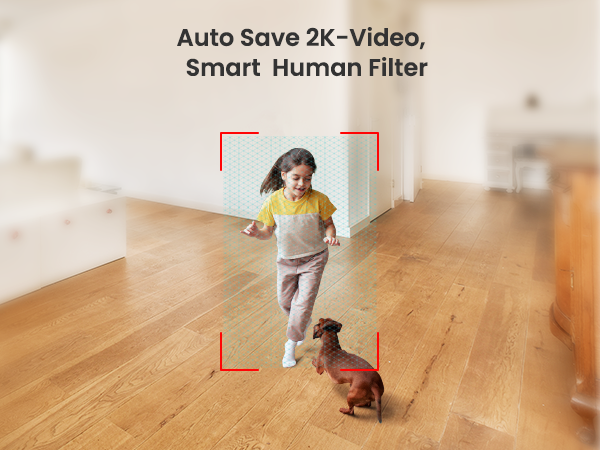 Diagram showing 'Auto Save 2K-Video, Smart Human Filter' feature. Image of interior space with hardwood floor.