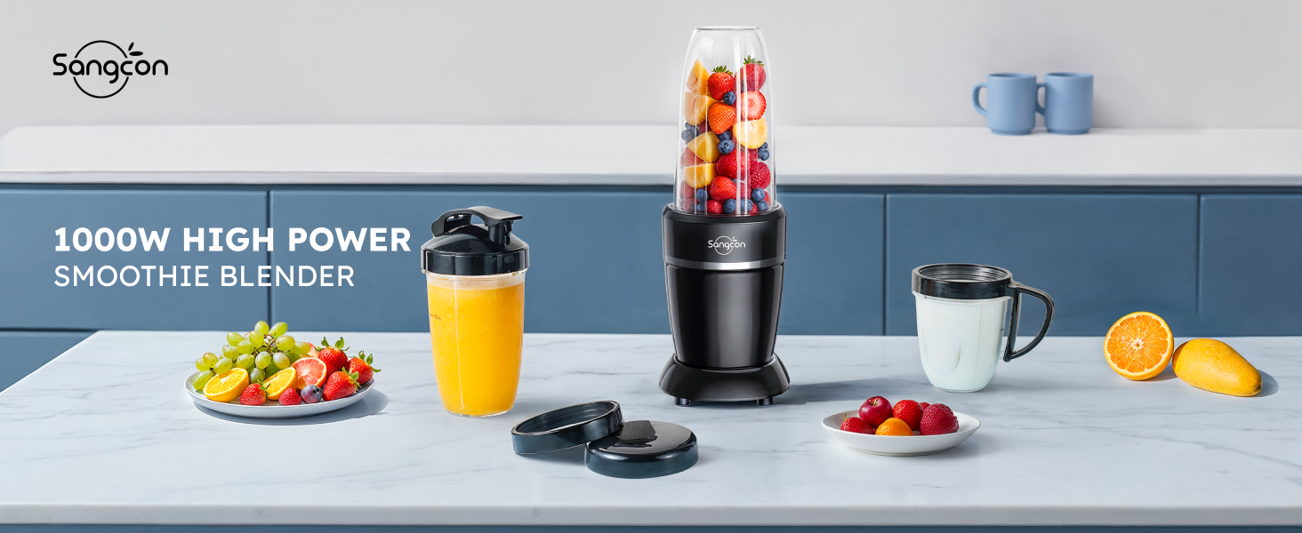 Sangcon 1000W blender with fruit cup, travel cup, grinding cup, and lids on a kitchen counter.