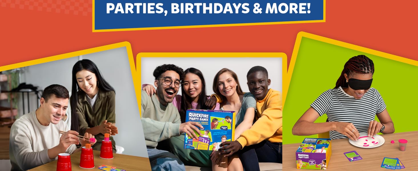 Promotional banner with 'PARTIES, BIRTHDAYS & MORE!' text showing groups of people enjoying activities in three panel layout.