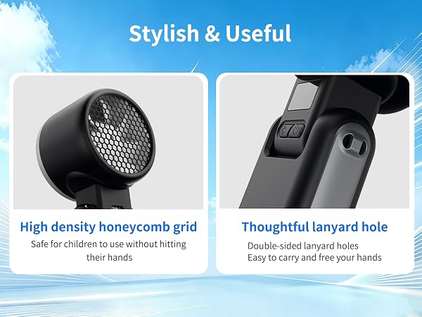 Text reads 'Stylish & Useful,' 'High density honeycomb grid' with subtitle 'Safe for children to use without hitting their hands,' and 'Thoughtful lanyard hole' with 'Double-sided lanyard holes Easy to carry and free your hands.'