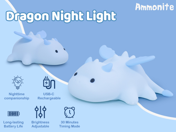 Dragon Night Light by Ammonite. White dragon-shaped rechargeable lamp with USB-C charging, adjustable brightness, and 30-minute timer. Features long battery life and soft, child-friendly design.
