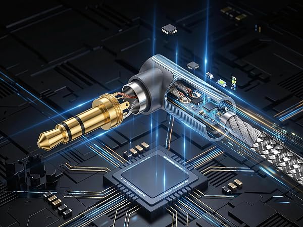 Close up of 90 degree 3.5mm audio jack showing internal circuit and chip.