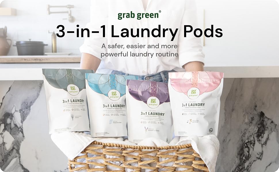 A woman holding a basket with 4 pouches of laundry detergent