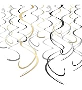 HonuGoGo 48-Piece Paper Swirl Party Decorations for Ceiling, Black Gold Silver Satin-Look Single ...