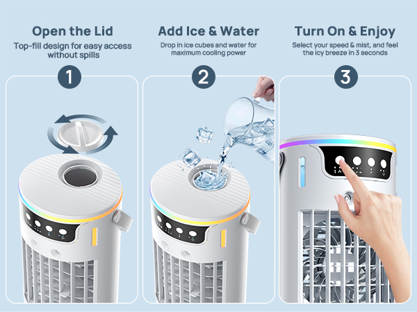 3 steps: open top lid, add ice and water, turn on the desk top ac for instant chill