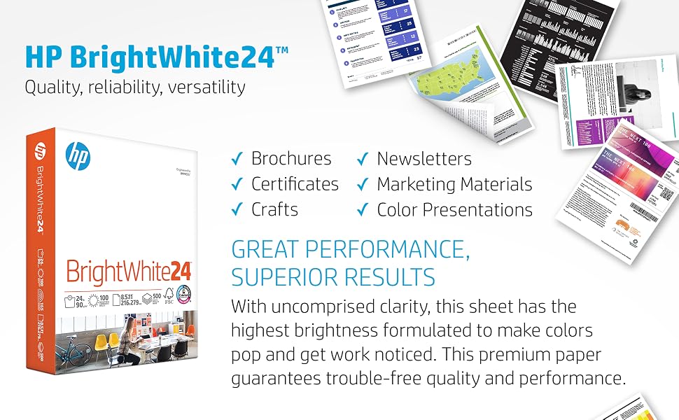 HP Bright White24 24lb copy paper, quality, reliability, versatility with print samples