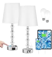 Bedside Lamps for bedrooms Set of 2 Nightstand - Large Crystal Table Lamps with USB C Charging Po...