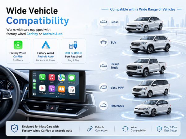 Wireless adapter compatible with cars using factory wired CarPlay or Android Auto.